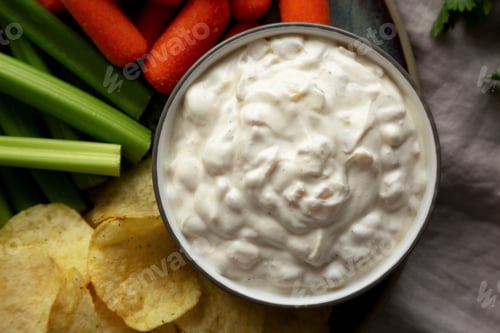 Preview: Homemade Carmelized Onion Dip with Baby Carrots, Chips and Celery, top view.
