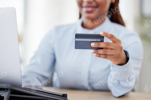 Preview: Woman, hand and credit card by laptop, office and typing with click, easy payment and online shoppi