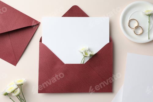 Preview: Wedding invitation cards, envelopes, gold rings and flowers on beige background, flat lay