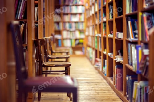 Preview: Library with books on shelf and empty chairs