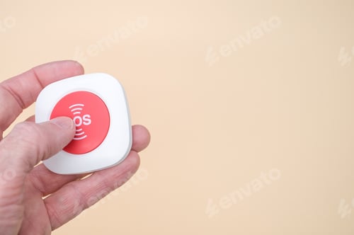 Preview: Elderly hand holding a wireless SOS emergency alarm button isolated on light brown background