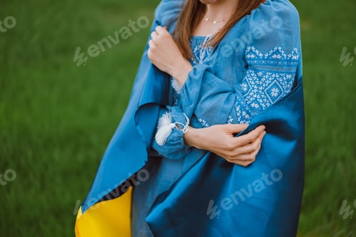 Preview: Smiling ukrainian woman with national flag on green field background. Young lady in blue embroidery