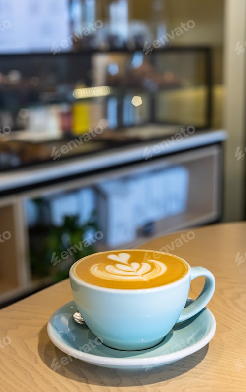 Preview: Cup with cappuccino or latte with milk foam on a wooden table in cafe