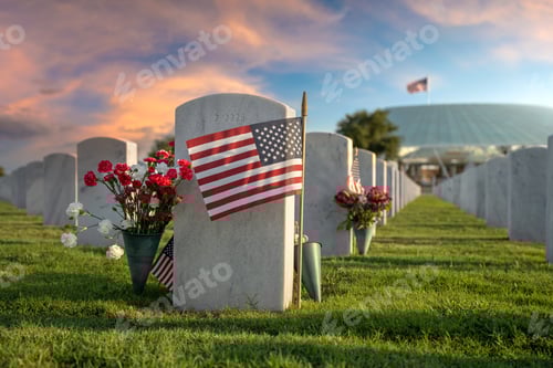 Preview: American national military cemetery with rows of white tomb stones