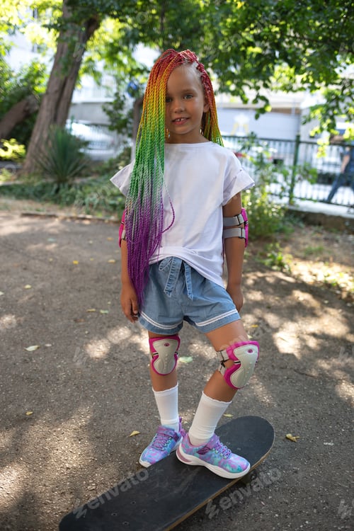 Preview: little cute girl with colorful afro pigtails standing on a skateboard