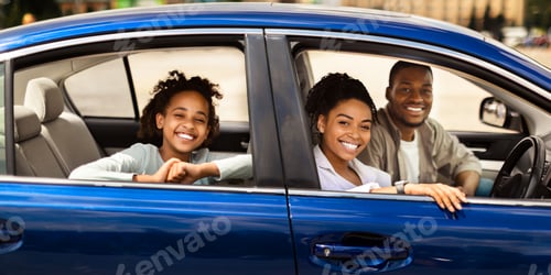 Preview: Happy Black Family Sitting In New Blue Car In City