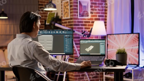 Preview: Manufactory engineer developing industrial product on creative software