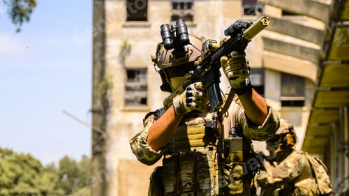 Preview: Army soldier in protective combat uniform, Soldier with rifle in forest, Soldier on duty, Military