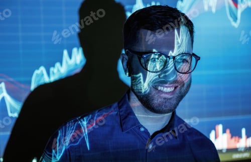 Preview: Front view, portrait. Business coach against projector with data