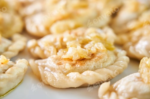 Preview: Fried dumplings stuffed with meat carmelized onion on white plate