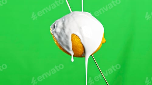 Preview: Modern art concept. Stock clip. Close up of lemon fruit on a wooden skewer being poured by white