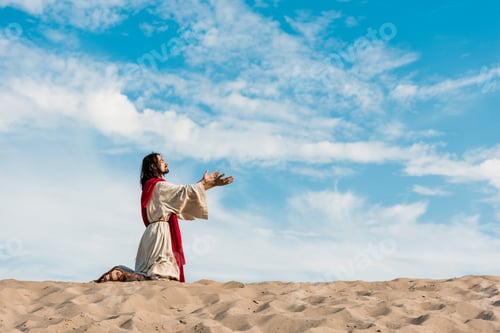 Preview: jesus praying on knees in desert against sky