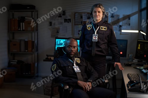 Preview: Black Man and Caucasian Woman Working as Security Officers in Office