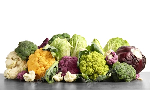 Preview: Different fresh cabbages on table against white background. Healthy food