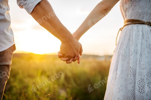 Preview: Couple hold hands in green field on sunset