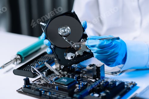 Preview: Hard disk drive on the technician's desk and a computer motherboard as a component.