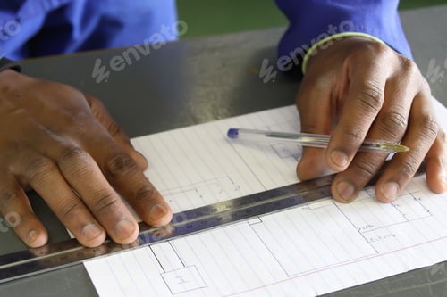 Preview: Closeup shot of a black architect's hands designing a building plans on paper
