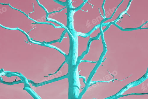 Preview: Dead neomint tree in duotone pop-art style on pink. Nature and futuristic abstract backdrop.