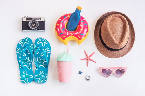 Preview: Travel accessories items on white background, Summer vacation concept