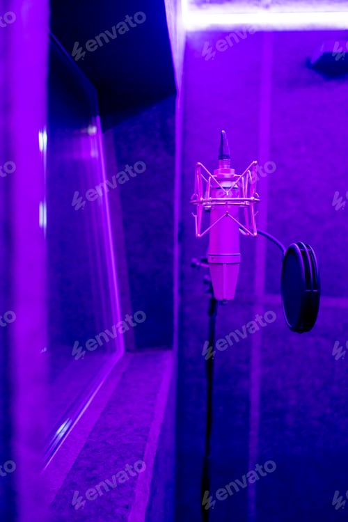 Preview: the recording room is dark with neon lighting in a soundproof room for recording songs or voice