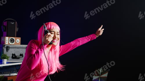 Preview: Musician having fun during performance talking with fans
