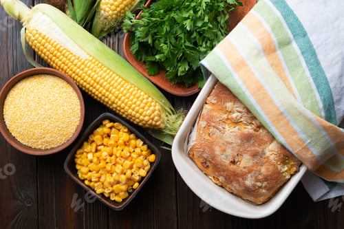 Preview: Cornbread in ceramic baking dish on wooden kitchen table flat lay view