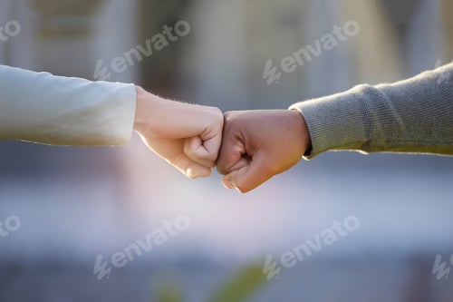 Preview: Motivation, support and people with a fist bump for partnership, goal and teamwork. Thank you, comm