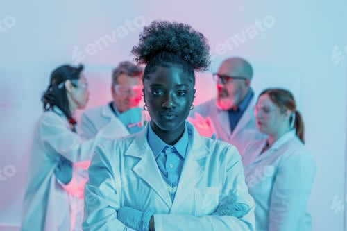 Preview: Female scientist leading diverse research team in laboratory