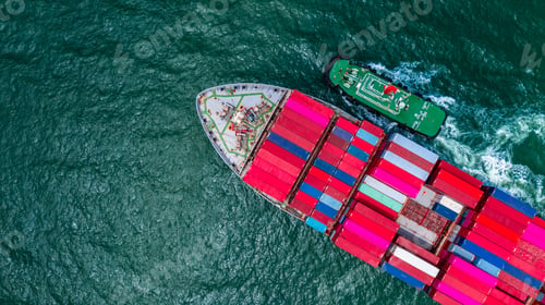 Preview: Container Ship and Tugboat on the Green Ocean