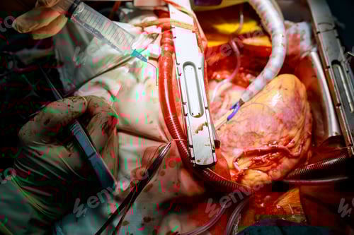 Preview: Open heart cardiac bypass surgery in operation room Doctors team wear blue coat perform heart