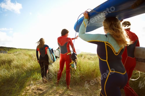 Preview: Group of surfers heading towards beach, carrying surfboards, rear view
