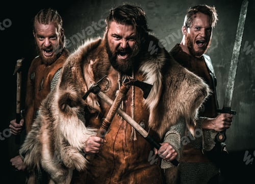 Preview: Vikings with their konung in a traditional warrior clothes.
