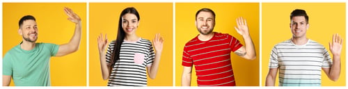 Preview: Collage with photos of cheerful people showing hello gesture on yellow background. Banner design