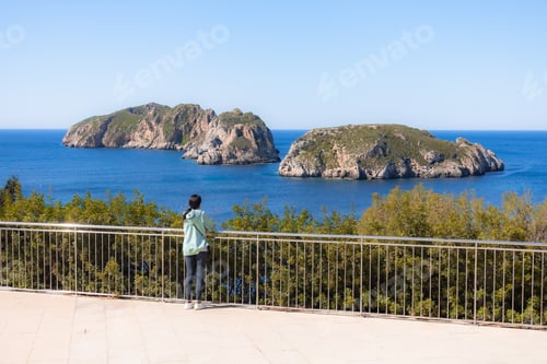 Preview: rear view of woman contemplating ocean, rocks and sky