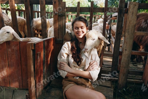 Preview: A woman is sitting in front of a fence with sheep in the pen behind her