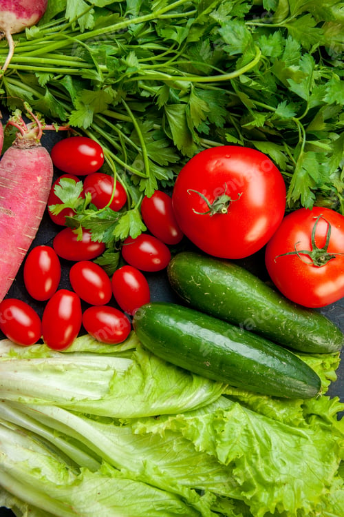 Preview: top view vegetables cherry tomatoes cucumbers lettuce radish parsley tomatoes