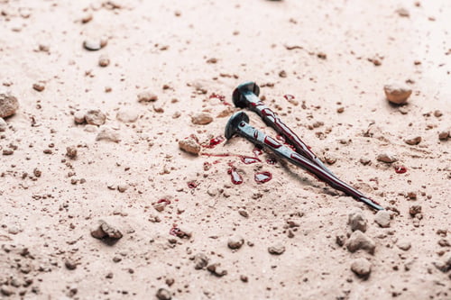 Preview: Bloody nails on ground. Banner. Copy space. Good friday. Passion, crucifixion of Jesus Christ