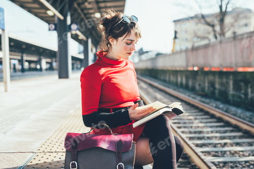 Preview: young beautiful red dressed vintage hipster woman
