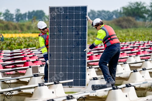 Preview: Renewable Energy Eco Technology Electric Power. Floating solar panels on lake.