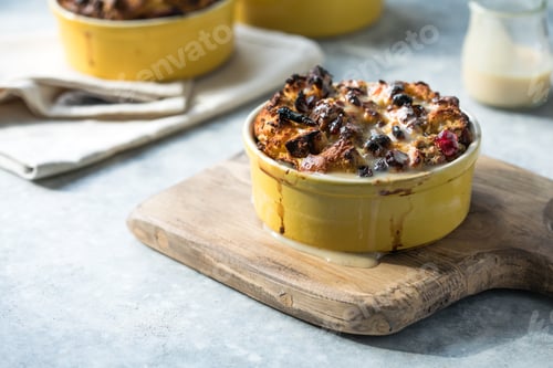 Preview: Homemade bread pudding breakfast casserole with apples and cinnamon and egg white frosting