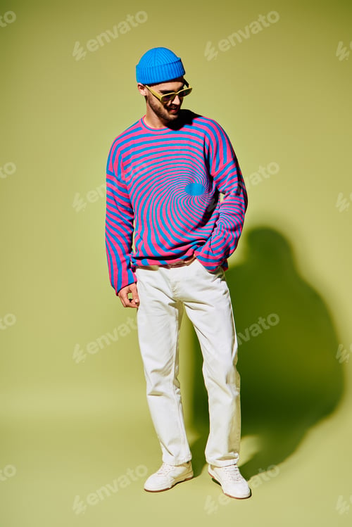 Preview: A stylish young man poses confidently in trendy sunglasses before a green backdrop