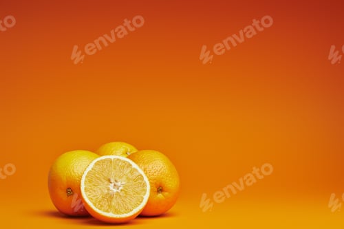 Preview: close-up view of fresh ripe whole and sliced oranges on orange background