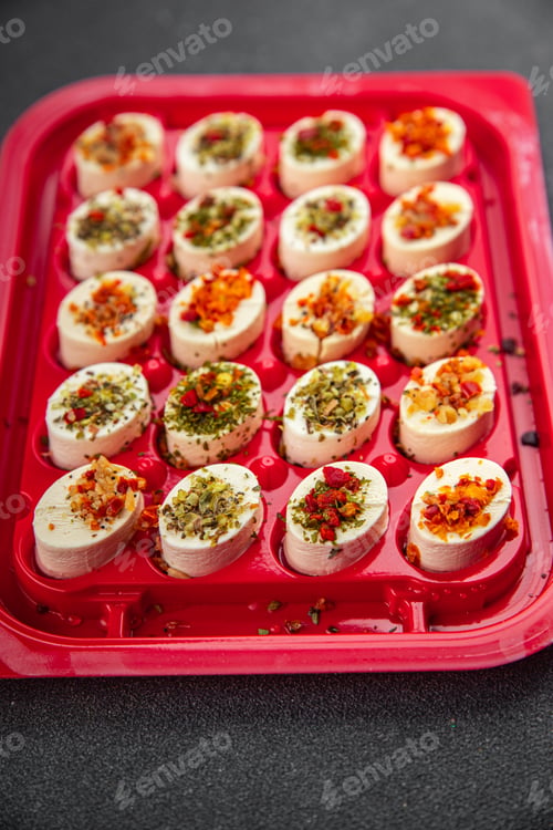 Preview: cheese appetizer soft cheese with herbs and tomatoes pieces fresh tasty food dish delicious gourmet