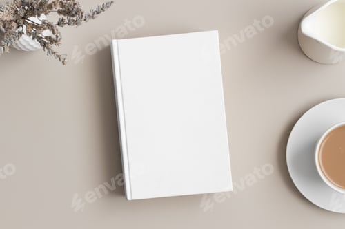 Preview: White book mockup with a lavender, coffee and a bottle of a milk on the beige table.