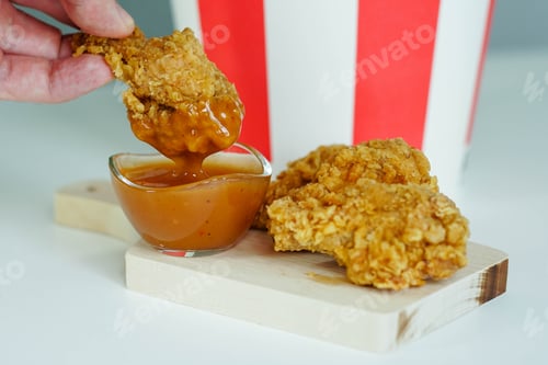 Preview: Man dunks fried chicken wing in sweet and sour sauce. Close-up.