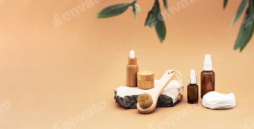 Preview: Glass and Bamboo Essential Oil Bottles with Pipette, Spray Bottle and BambooJar on Stone Podium.
