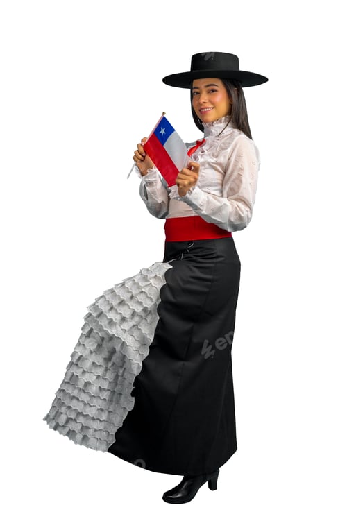 Preview: Chilean woman wearing traditional dress holds chilean flag with pride