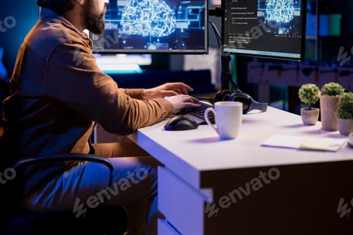 Preview: Remote tech support specialist at working from home, doing checkup on AI systems