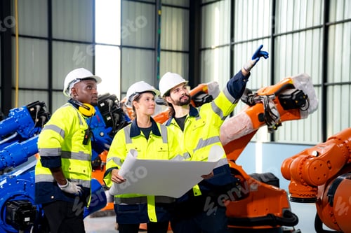 Preview: Technology Engineer Working in Factory. Engineer testing a robotic production in robotics facility.