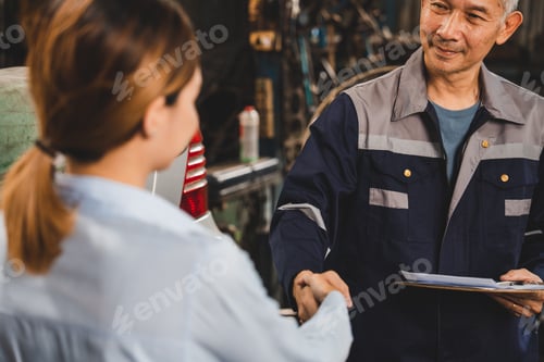 Preview: customer making inspection check to a car engine repair occupation job at garage service